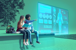 Two students interacting with a futuristic digital interface displaying human anatomy and healthcare data.
