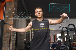 Man engaging in physical activity surrounded by digital data and stats, illustrating a workout plan.