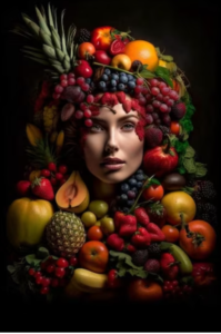 Portrait of a woman framed by assorted fruits, symbolizing food choices during intermittent fasting.